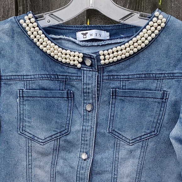 Womens Denim Collar Beads Jacket L (M) Blue Layer - Picture 6 of 8
